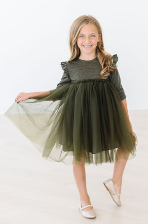 Olive Shimmer 3/4 Sleeve Tutu Dress-Mila & Rose ®