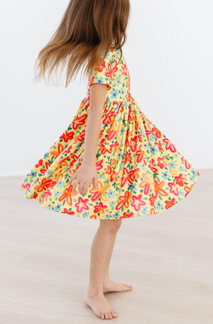 Yellow Neon Floral S/S Pocket Twirl Dress-Mila & Rose ®