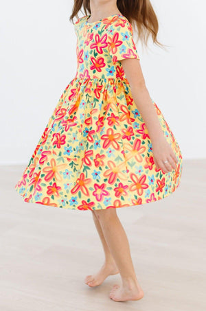 Yellow Neon Floral S/S Pocket Twirl Dress-Mila & Rose ®