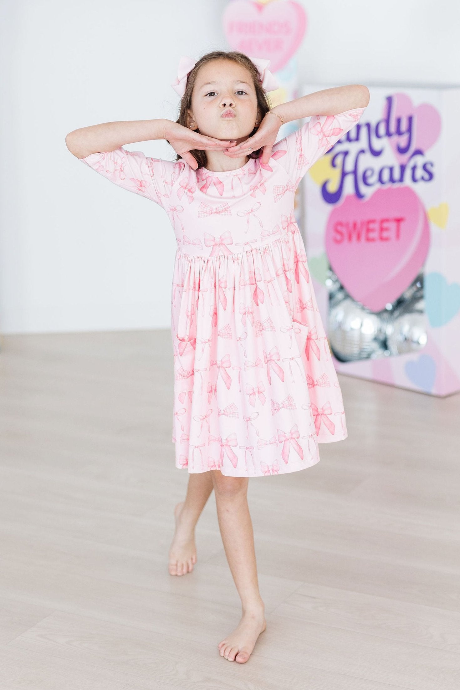 Blushing Bows 3/4 Sleeve Pocket Twirl Dress-Mila & Rose ®