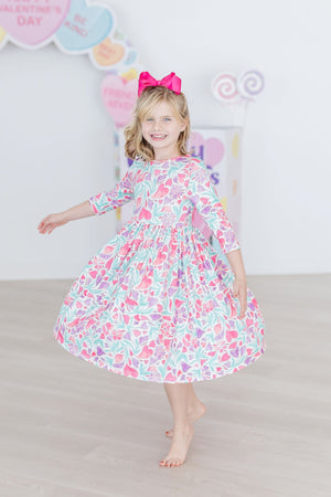 Watercolor Hearts 3/4 Sleeve Pocket Twirl Dress-Mila & Rose ®