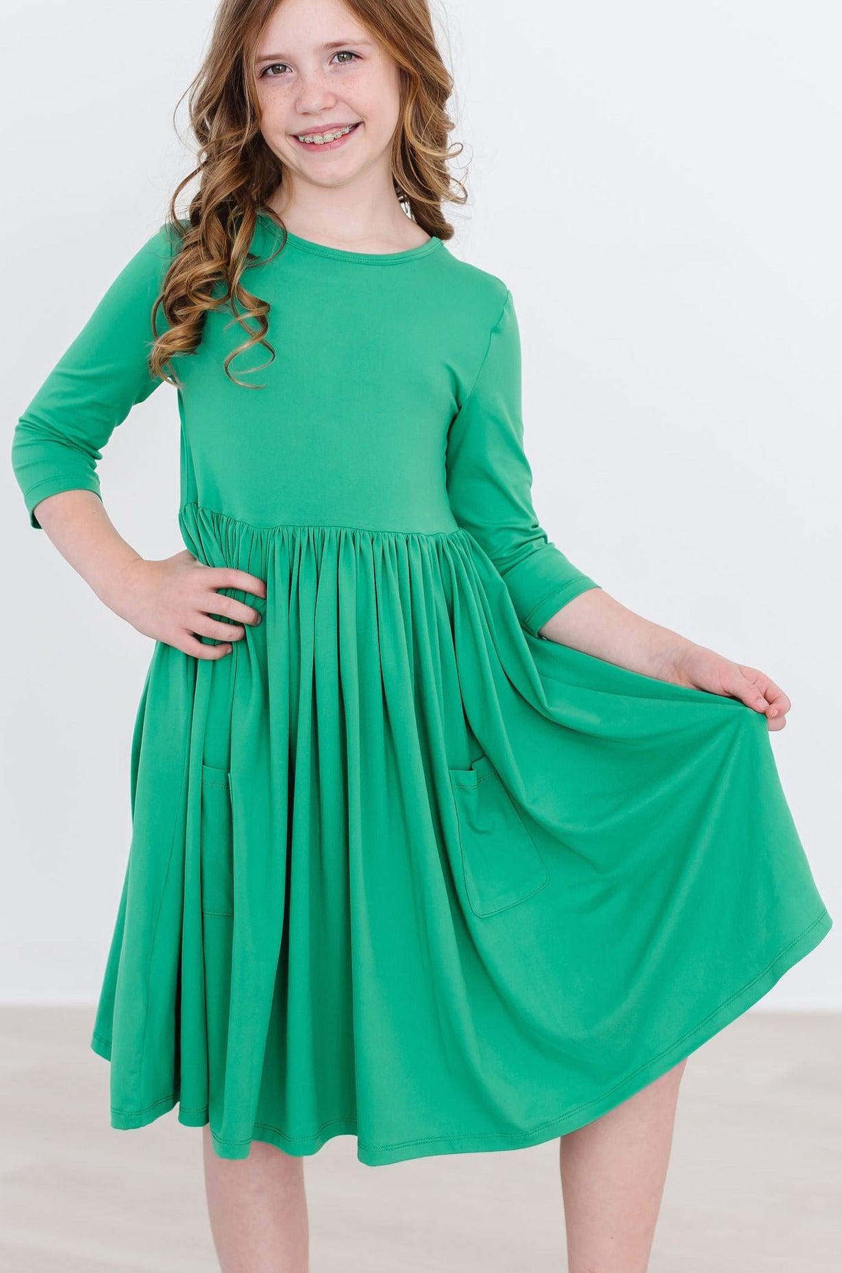 Kelly Green 3/4 Pocket Twirl Dress-Mila & Rose ®