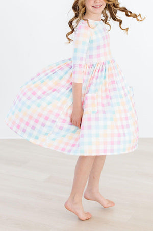 Pastel Plaid 3/4 Sleeve Pocket Twirl Dress-Mila & Rose ®