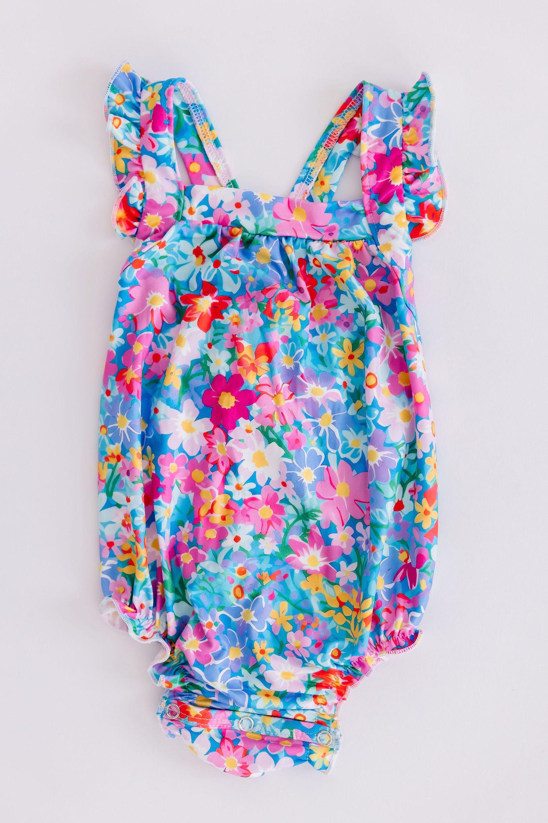 Preppy Floral Ruffle Cross Back Romper-Mila & Rose ®