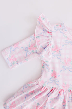 Ribbons & Roses 3/4 Sleeve Flutter Twirl Bodysuit-Mila & Rose ®