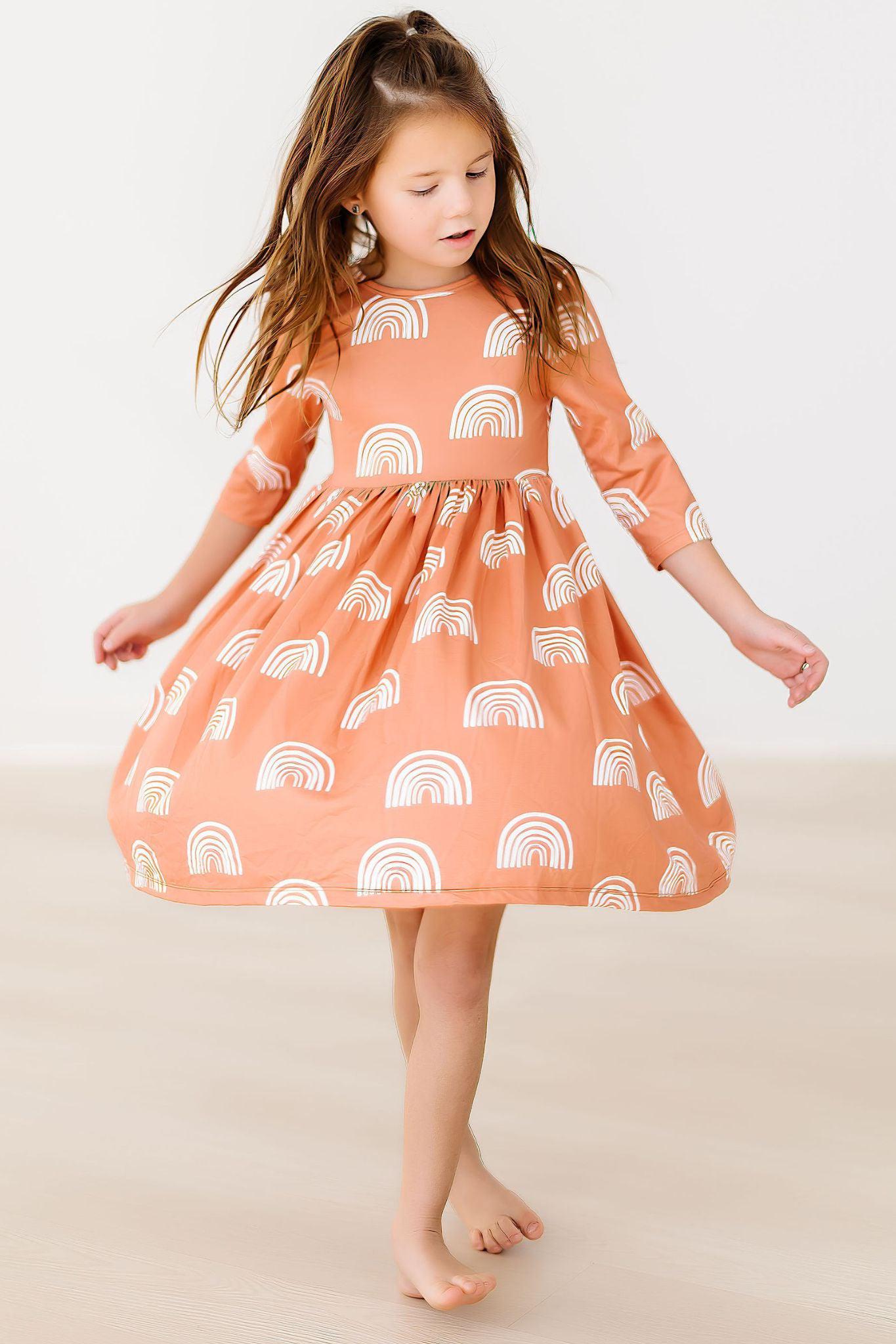 Rainbows in Fall 3/4 Sleeve Twirl Dress-Mila & Rose ®