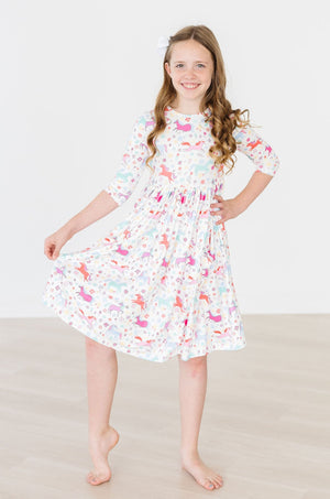 Unicorn Wish 3/4 Sleeve Pocket Twirl Dress-Mila & Rose ®