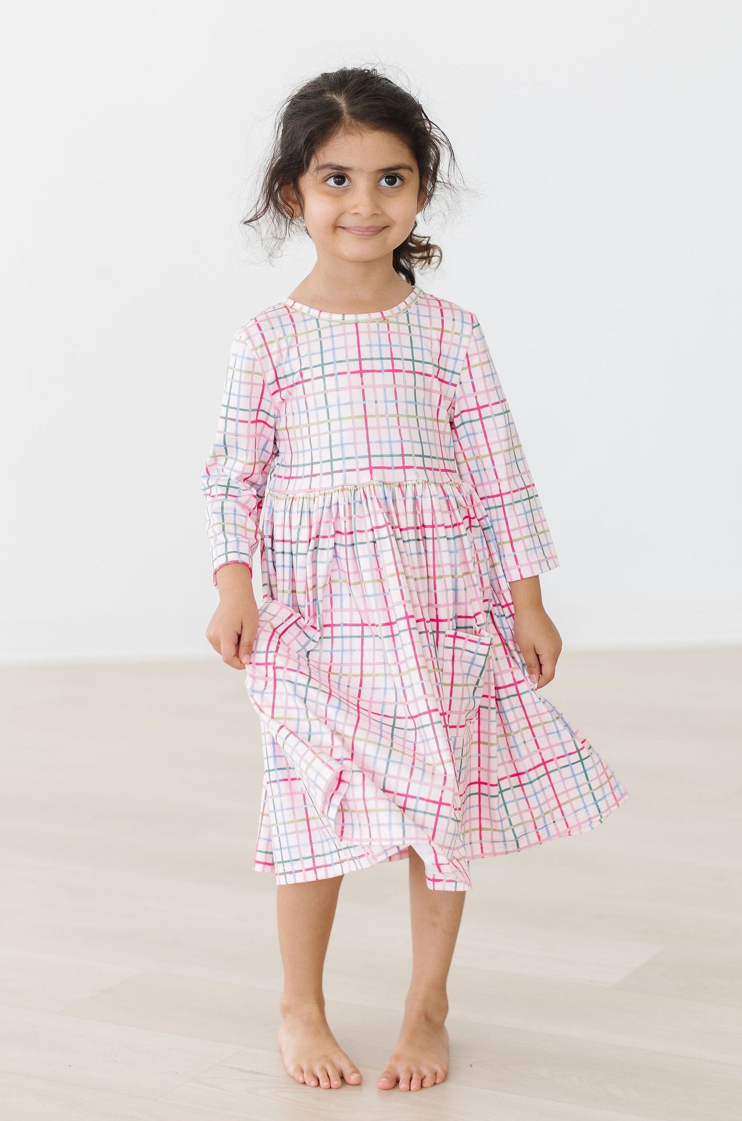 Pink Plaid 3/4 Sleeve Pocket Twirl Dress-Mila & Rose ®