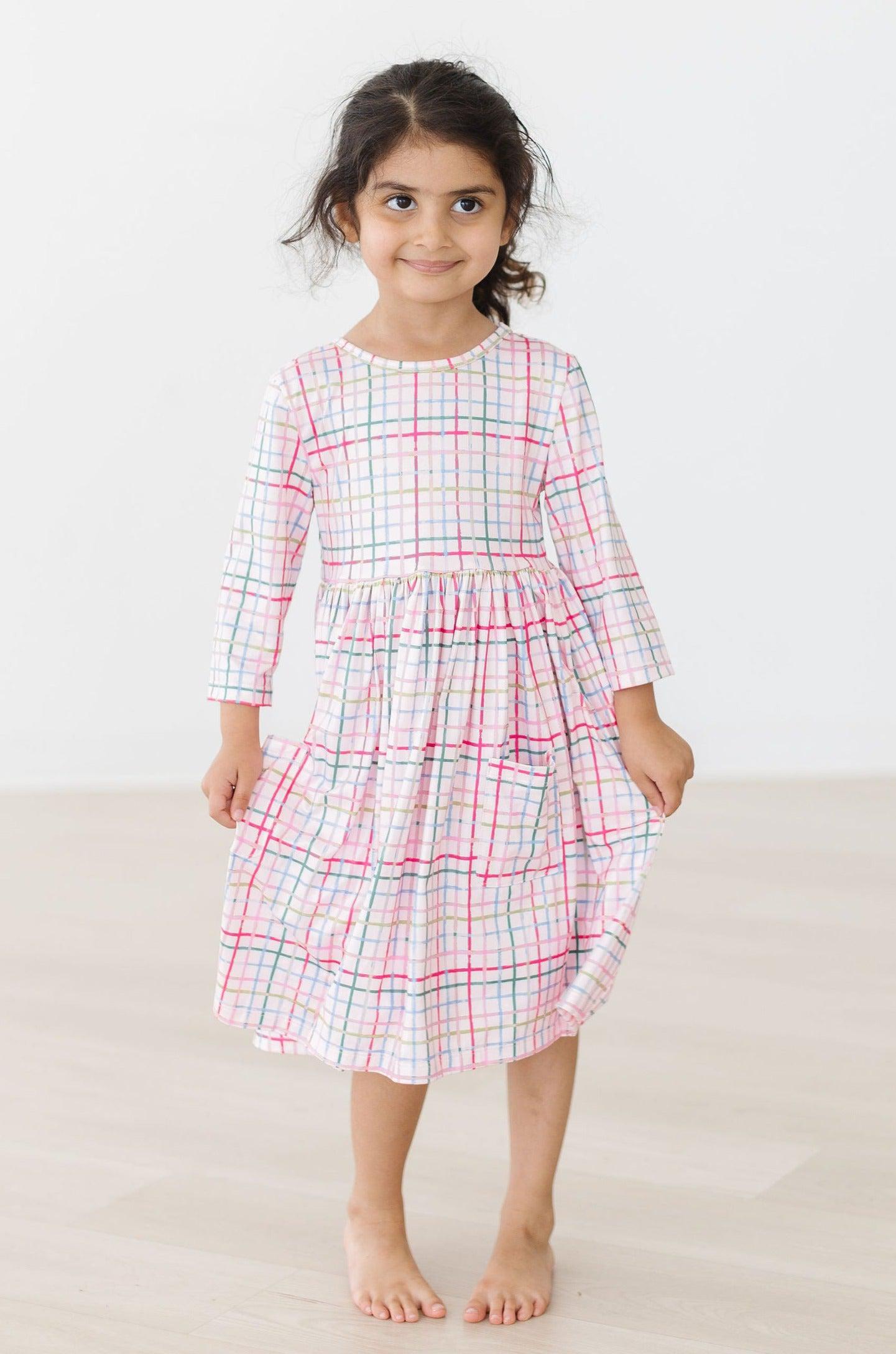 Pink Plaid 3/4 Sleeve Pocket Twirl Dress-Mila & Rose ®