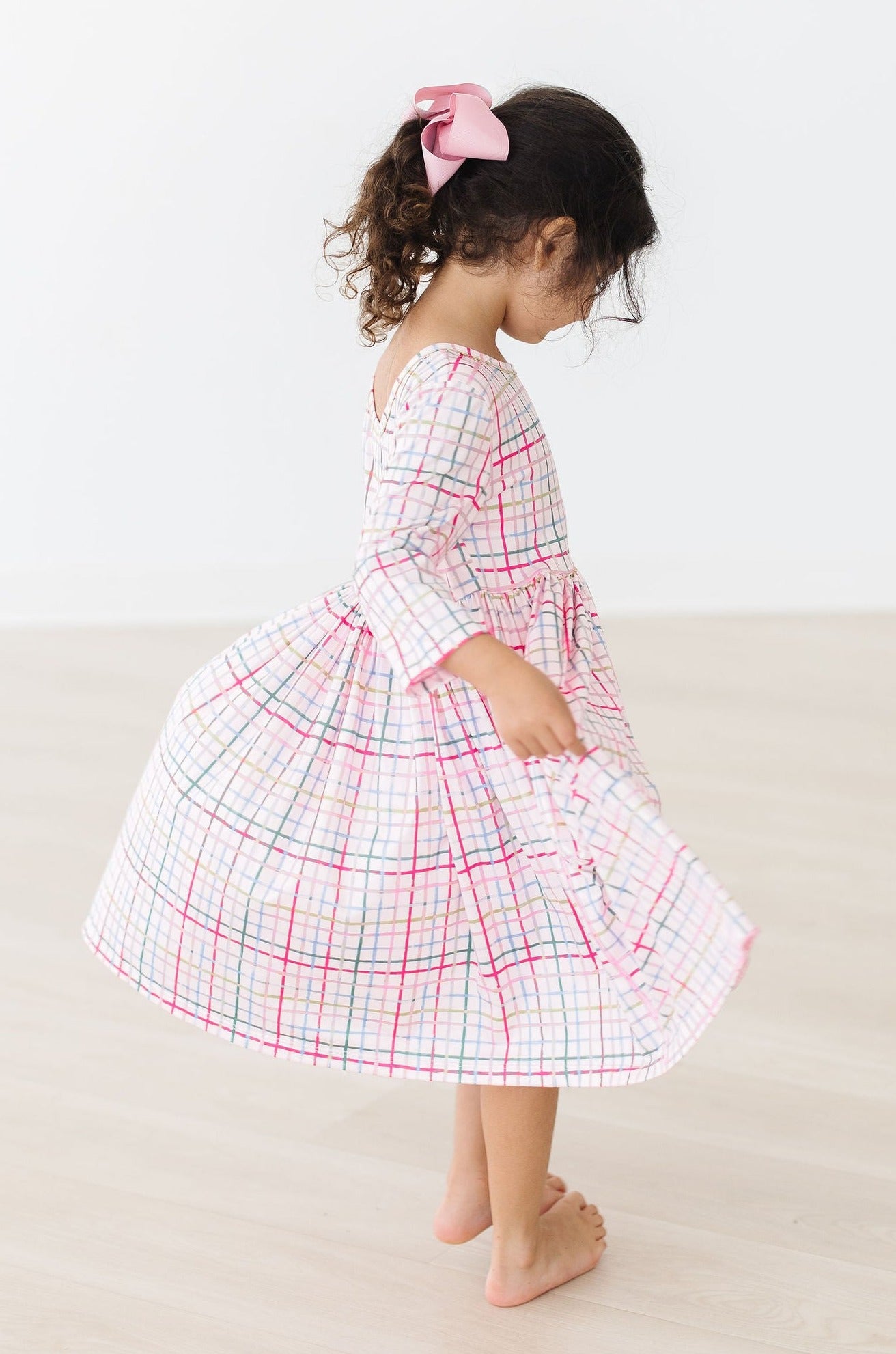 Pink Plaid 3/4 Sleeve Pocket Twirl Dress-Mila & Rose ®