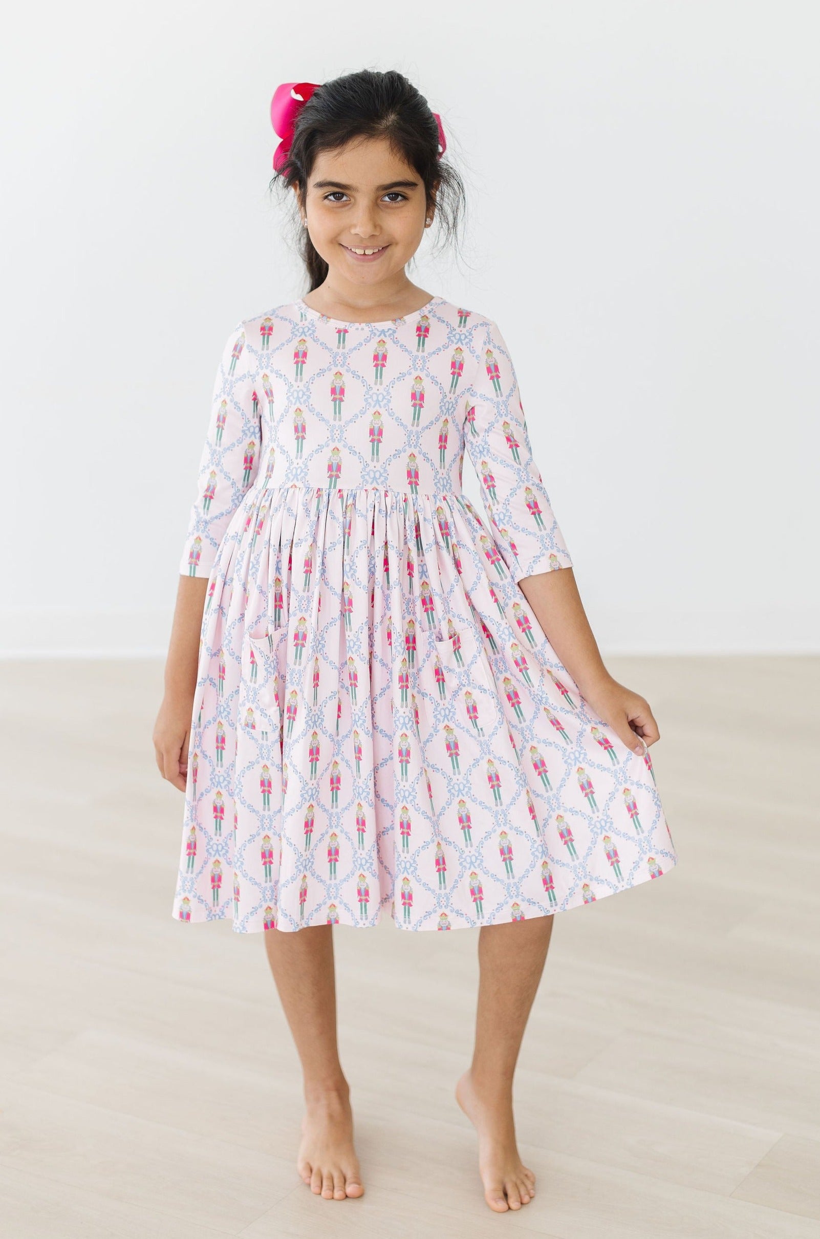 Pink Nutcracker 3/4 Sleeve Pocket Twirl Dress-Mila & Rose ®