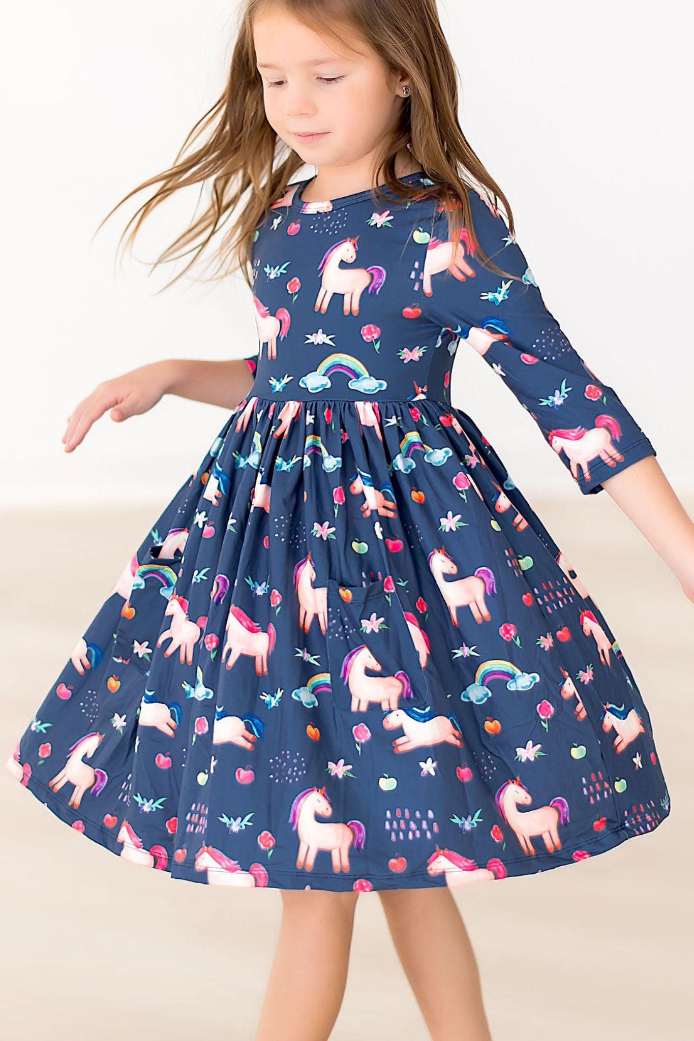 Painted Skies 3/4 Sleeve Pocket Twirl Dress-Mila & Rose ®