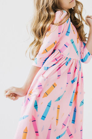 Color Crayons 3/4 Sleeve Pocket Twirl Dress-Mila & Rose ®