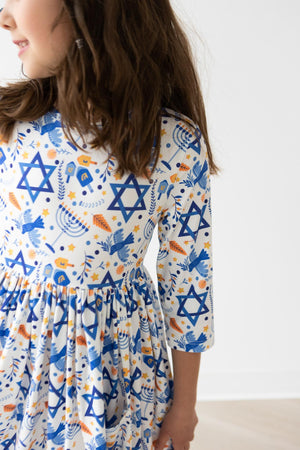 Happy Hanukkah 3/4 Sleeve Pocket Twirl Dress-Mila & Rose ®