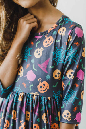 Skeleton Web 3/4 Sleeve Pocket Twirl Dress-Mila & Rose ®