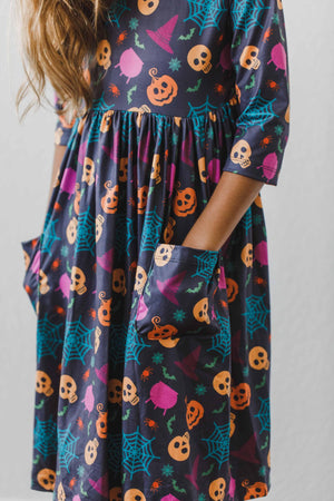 Skeleton Web 3/4 Sleeve Pocket Twirl Dress-Mila & Rose ®